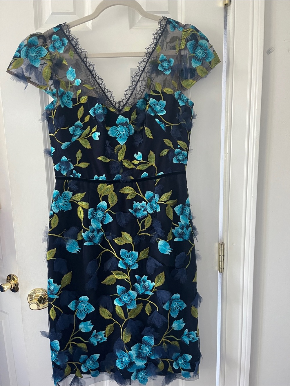 Navy Midi Dress with Teal Floral Embroidery